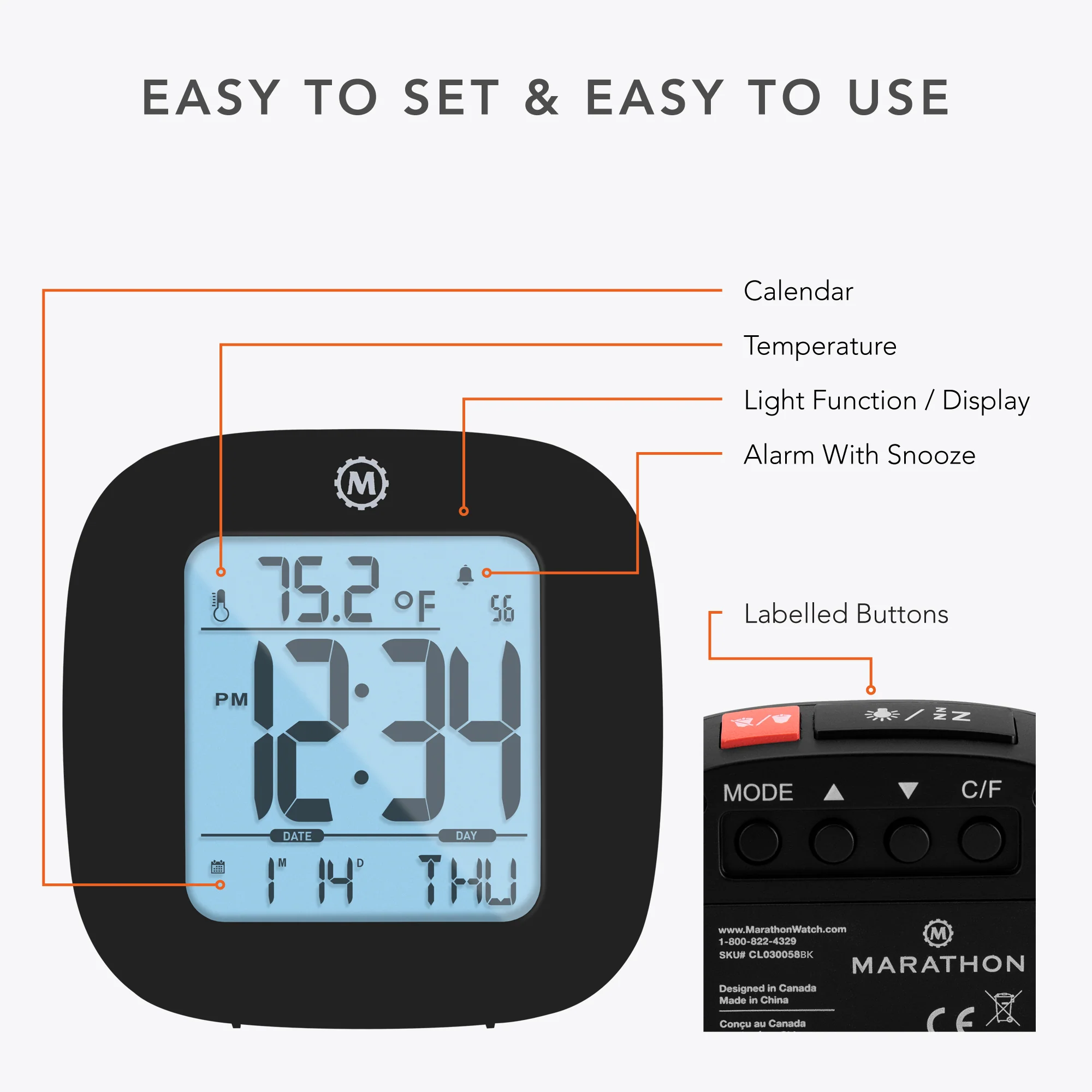 Large Display Compact Alarm Clock, Black - Image 5