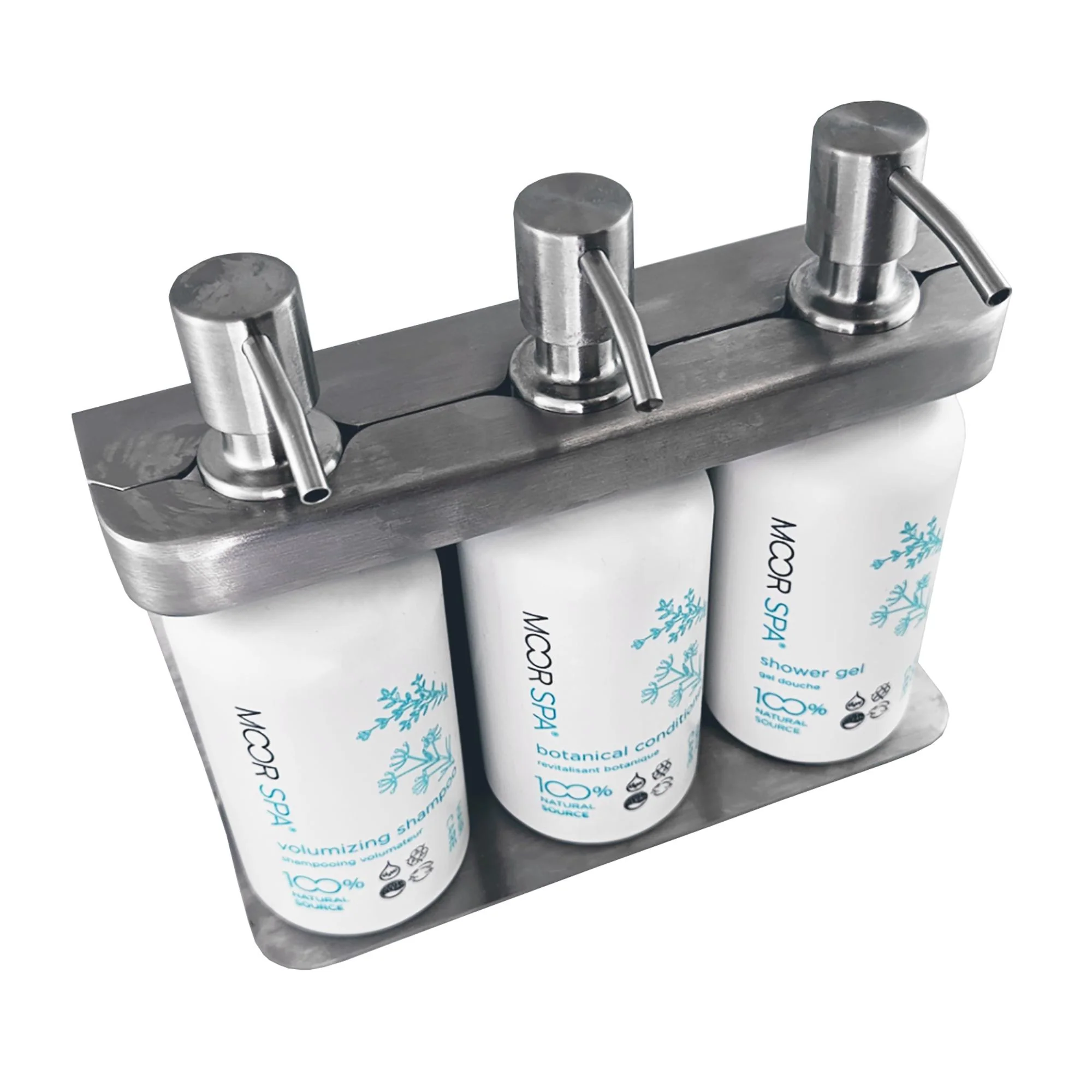 Moor Spa Stainless Steel Amenity Dispenser Set w/ Bottles and Pumps - Image 2
