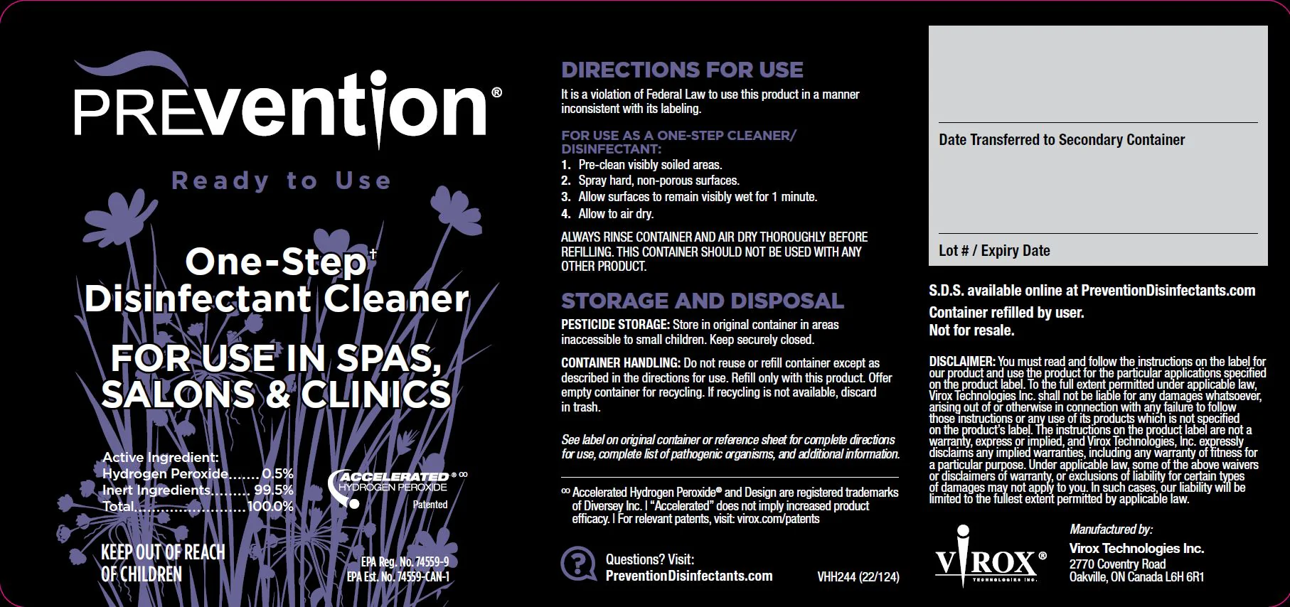 Prevention Disinfectant Ready to Use Bottle Label